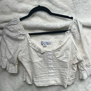 White cropped lace floral blouse